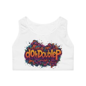 Psychedelic dOhDoubleP Graffiti Logo Graphic Sports Bra — Colorful Retro Gym Crop